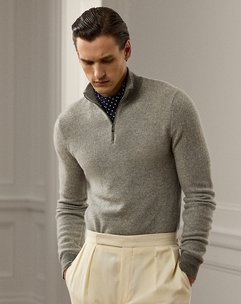 Cashmere Birdseye Quarter-Zip Jumper Light Grey Heather