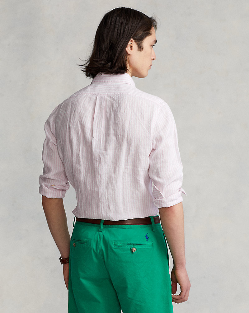 Custom Fit Striped Linen Shirt Pink/White