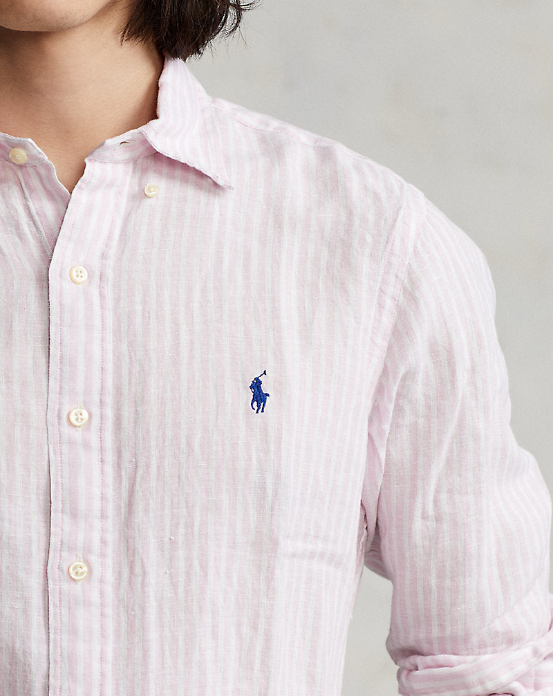 Custom Fit Striped Linen Shirt Pink/White