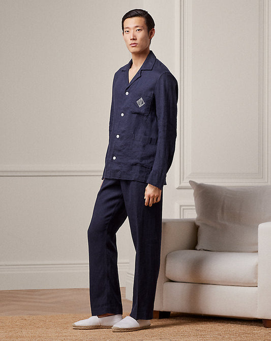 Monogram Linen Pyjama Set Navy