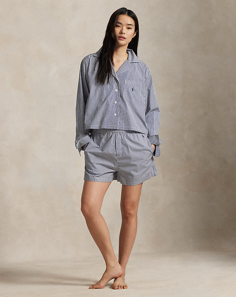 Crop Top & Boxer Poplin Pyjama Set Navy Stripe