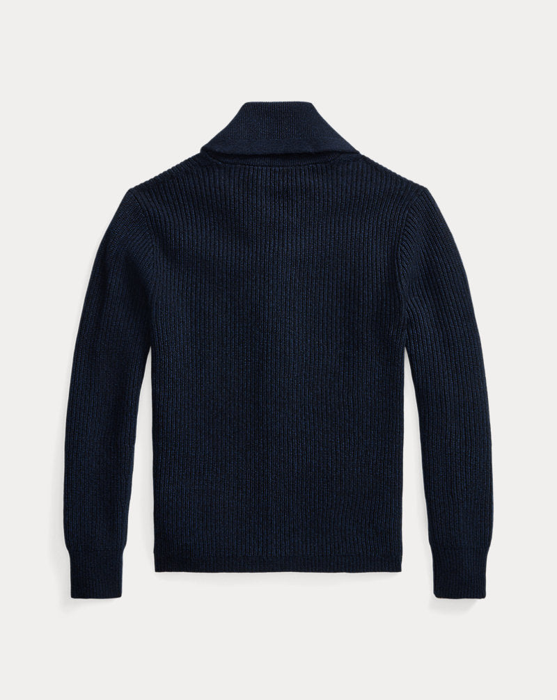 Textured Cashmere Shawl-Collar Cardigan Navy Heather