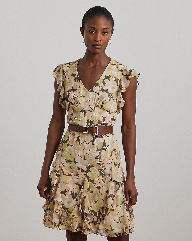Floral Ruffle-Trim Georgette Dress Green Multi