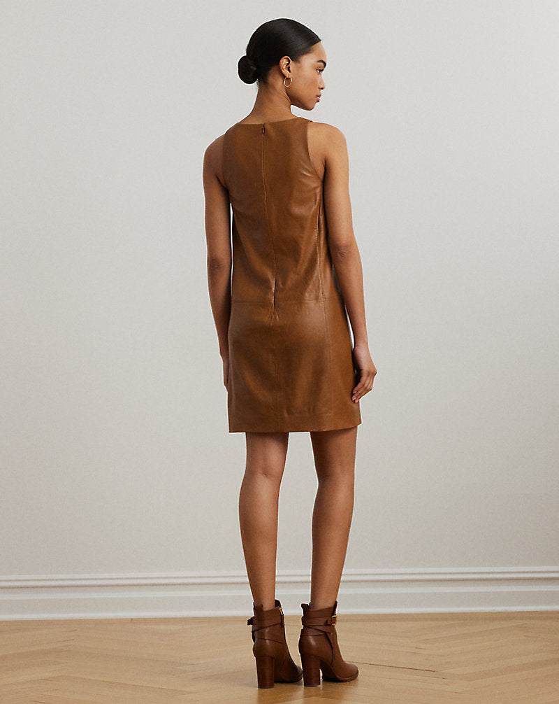 Lambskin Sleeveless Shift Dress Cuoio Leather