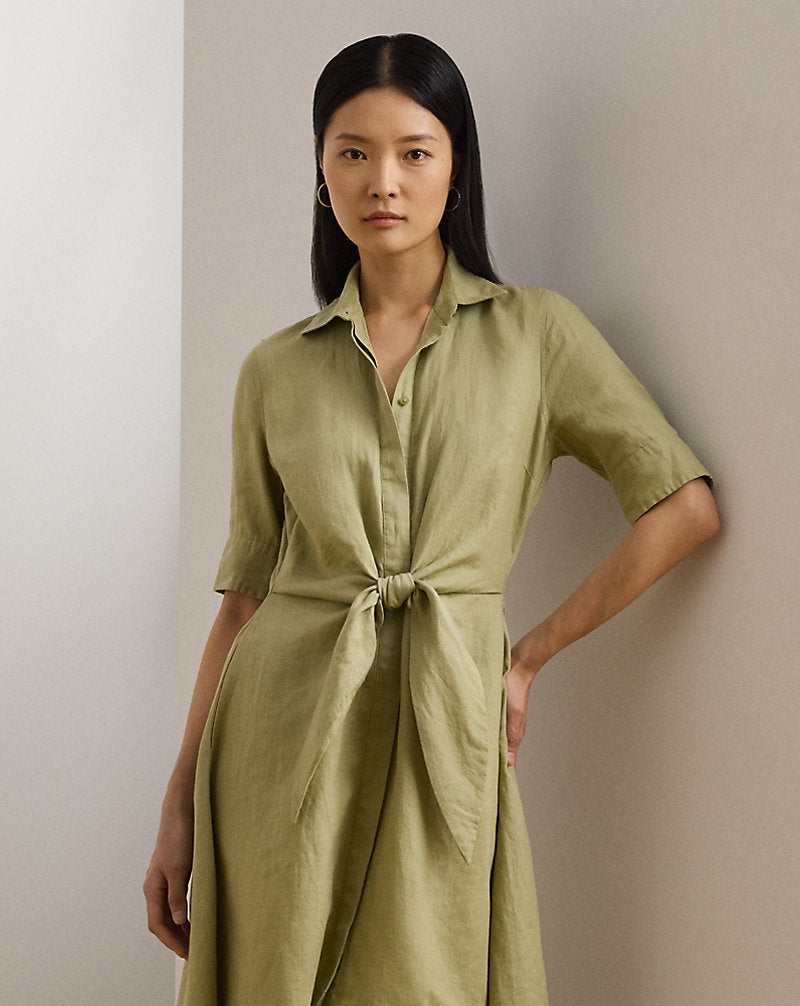 Tie-Front Linen Shirtdress Light Olive