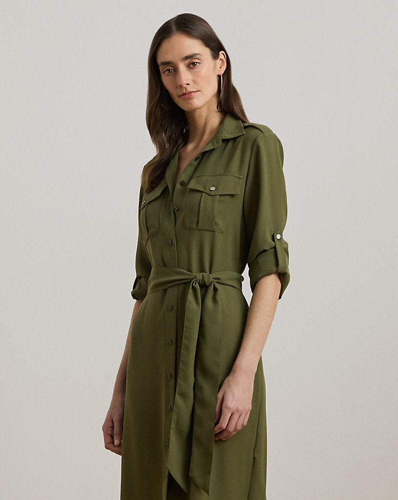 Belted Double-Faced Georgette Shirtdress Olive Grove
