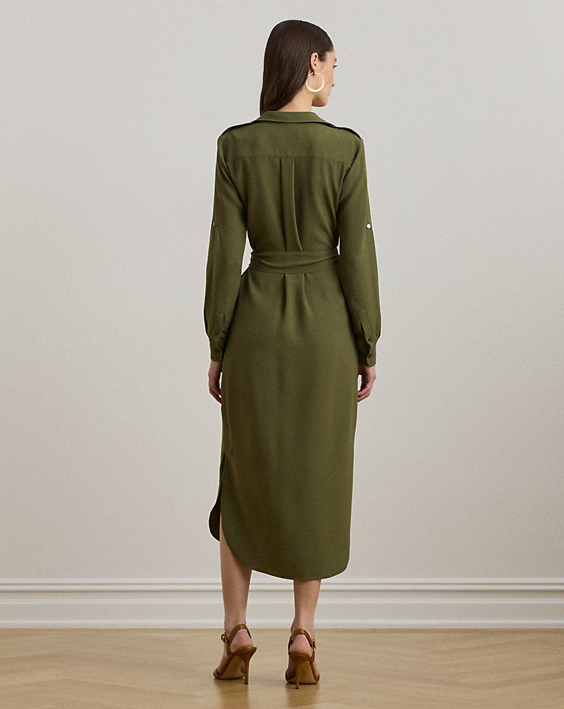 Belted Double-Faced Georgette Shirtdress Olive Grove