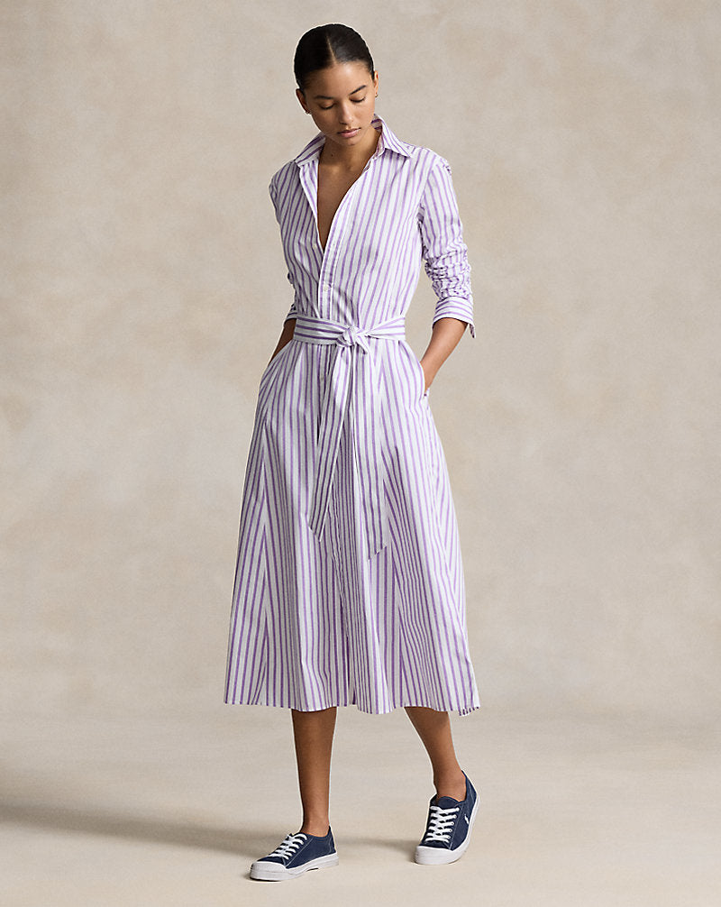 Belted Striped Cotton Shirtdress 1748b White/purple