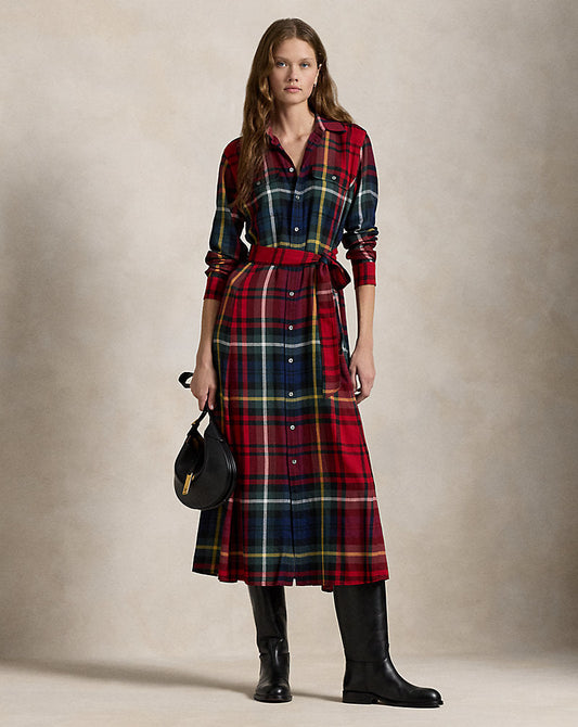 Belted Plaid Cotton-Blend Dress 1799 Red Multi Plaid