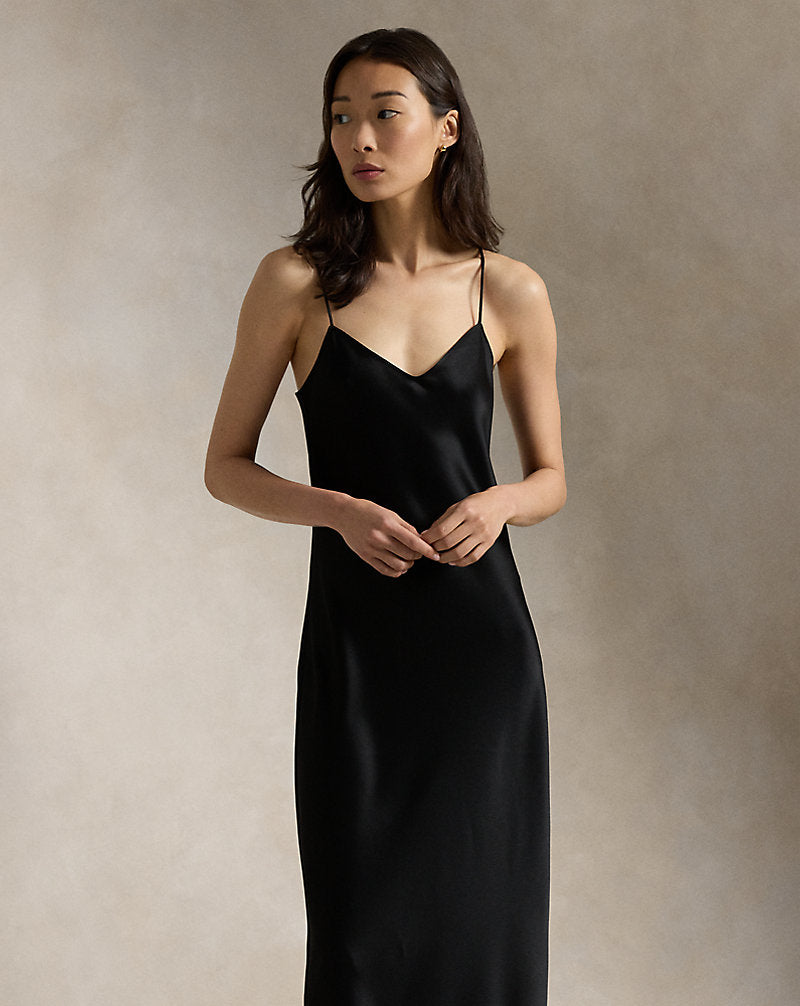 Satin Midi Slip Dress Polo Black