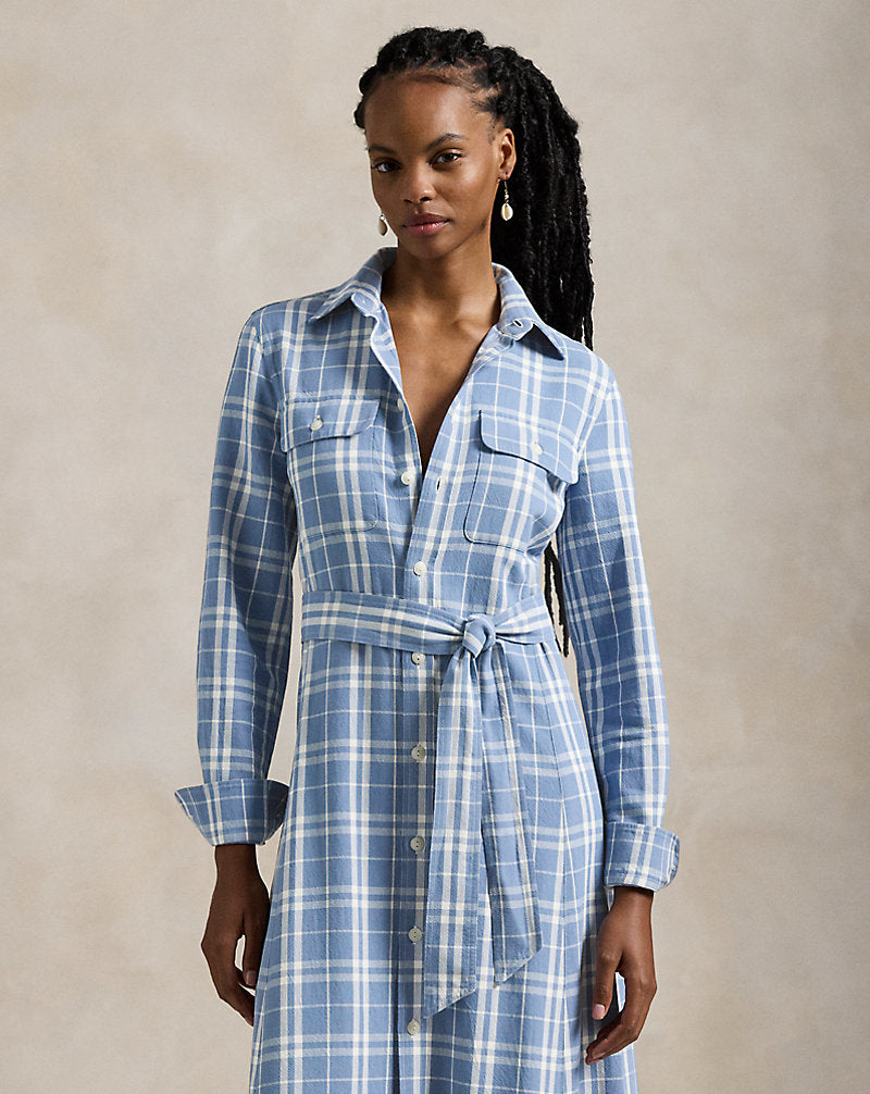 Belted Plaid Cotton Shirtdress Blue/Cream