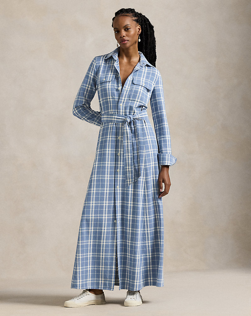 Belted Plaid Cotton Shirtdress Blue/Cream