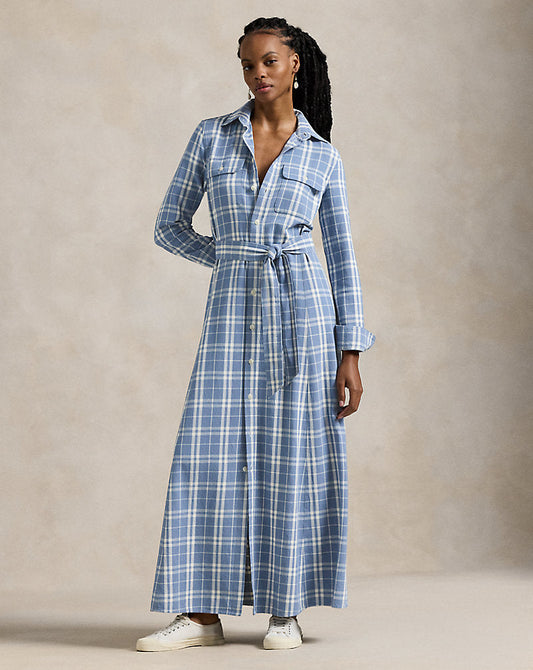 Belted Plaid Cotton Shirtdress Blue/Cream