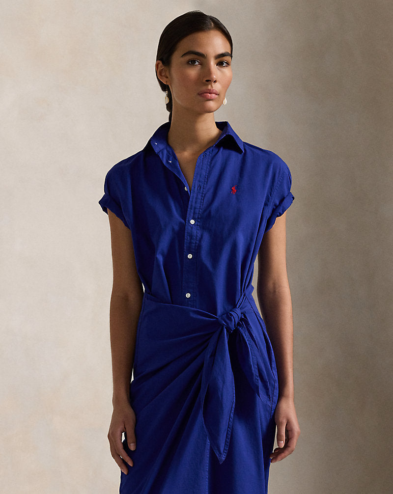 Cotton Twill Faux-Wrap Shirtdress Sports Royal