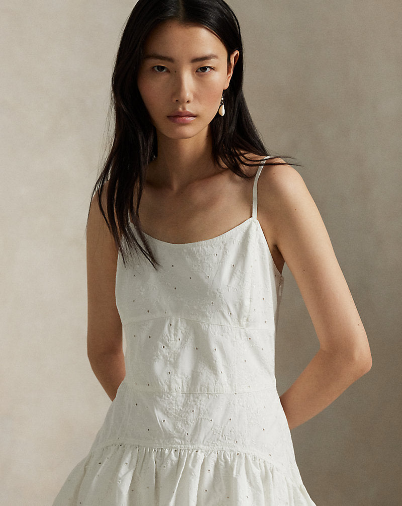 Eyelet Panelled Cotton Dress White