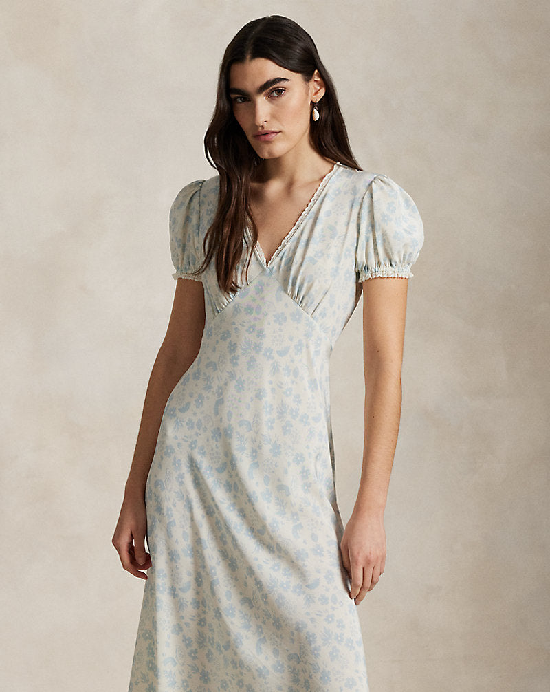 Floral Silk Crepe Dress Summer Daisy White Blue