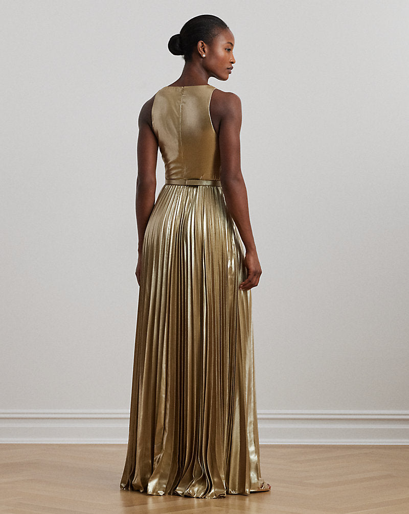 Belted Metallic Chiffon Surplice Gown Tan/Light Gold Foil