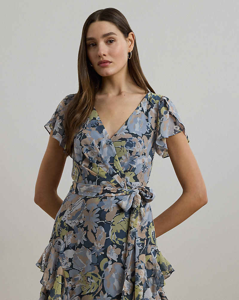 Floral Ruffle-Trim Georgette Gown Blue Multi