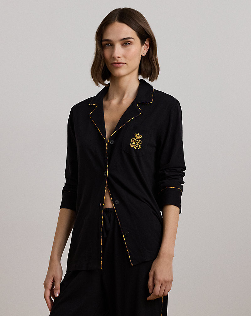 Leopard-Print-Trim Jersey Sleep Set Black