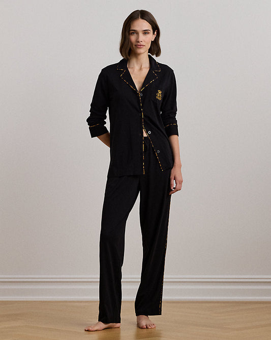 Leopard-Print-Trim Jersey Sleep Set Black