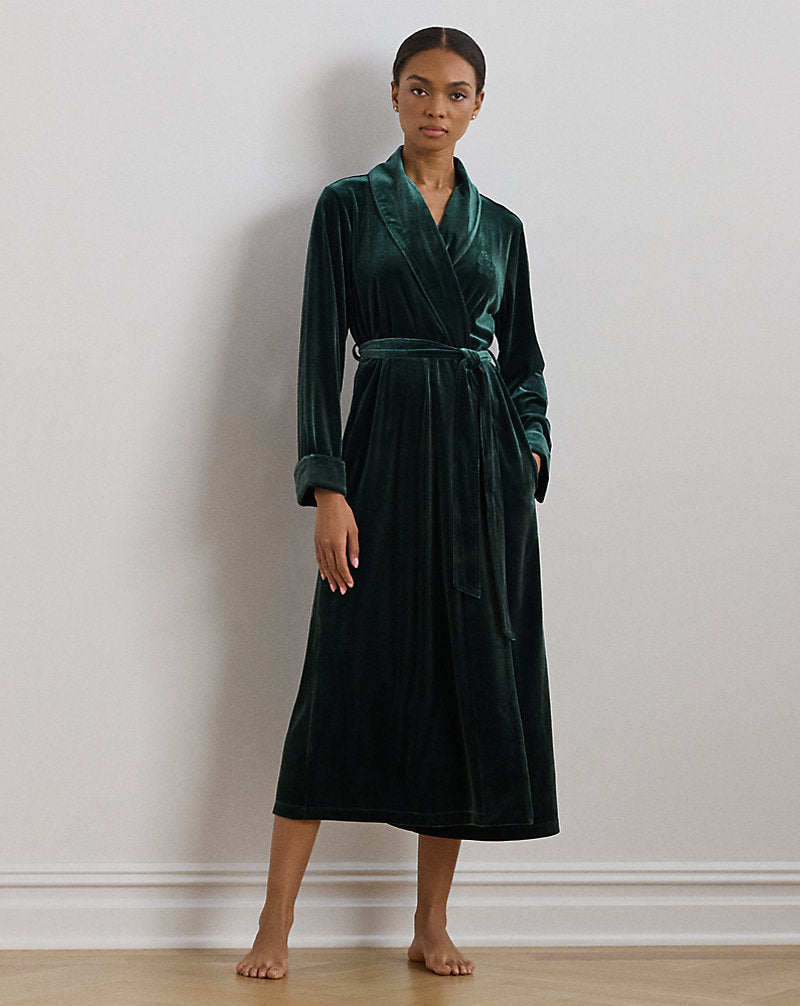 Velvet Long Shawl-Collar Robe Emerald