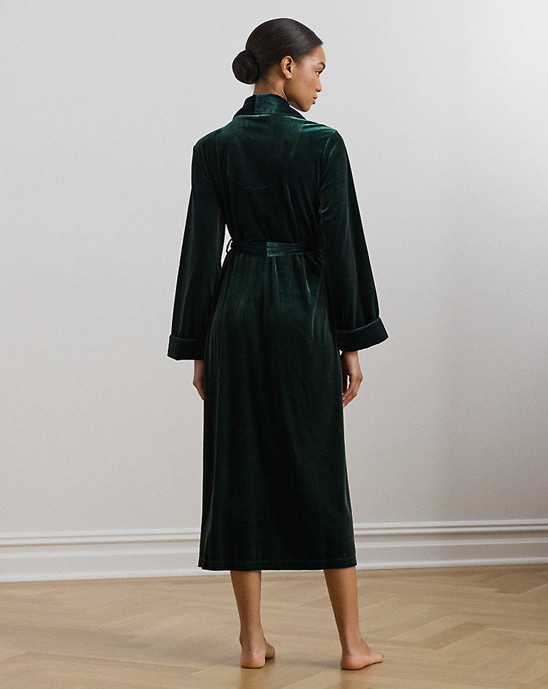 Velvet Long Shawl-Collar Robe Emerald