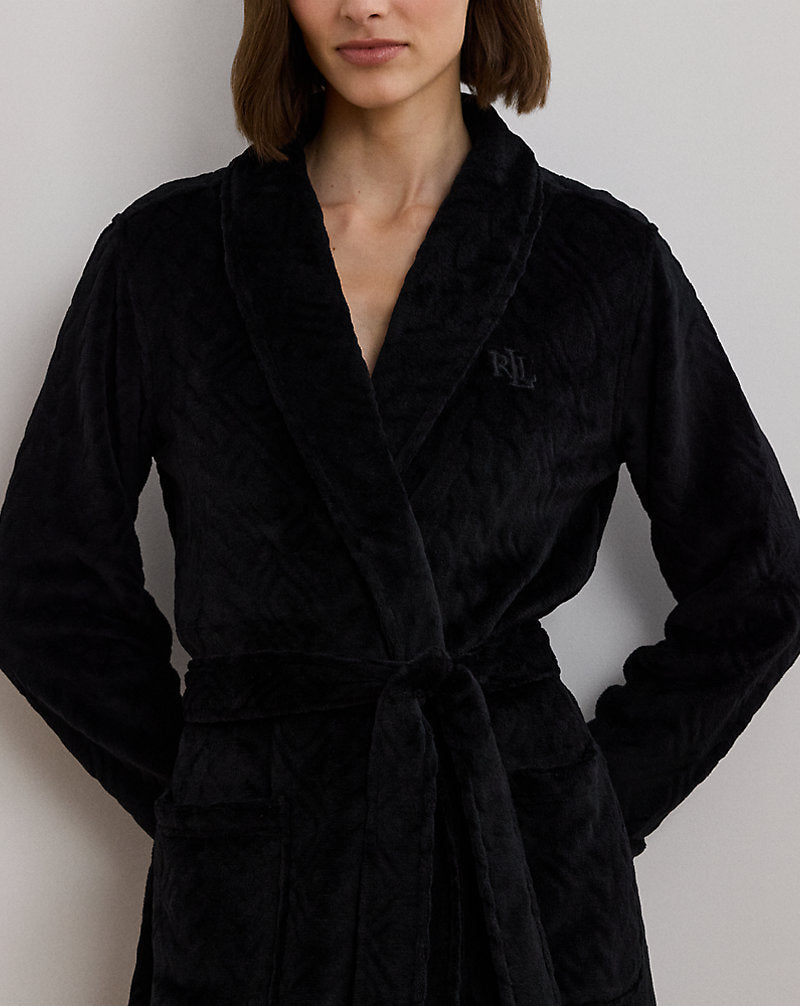 Aran-Clipped Shawl-Collar Robe Black
