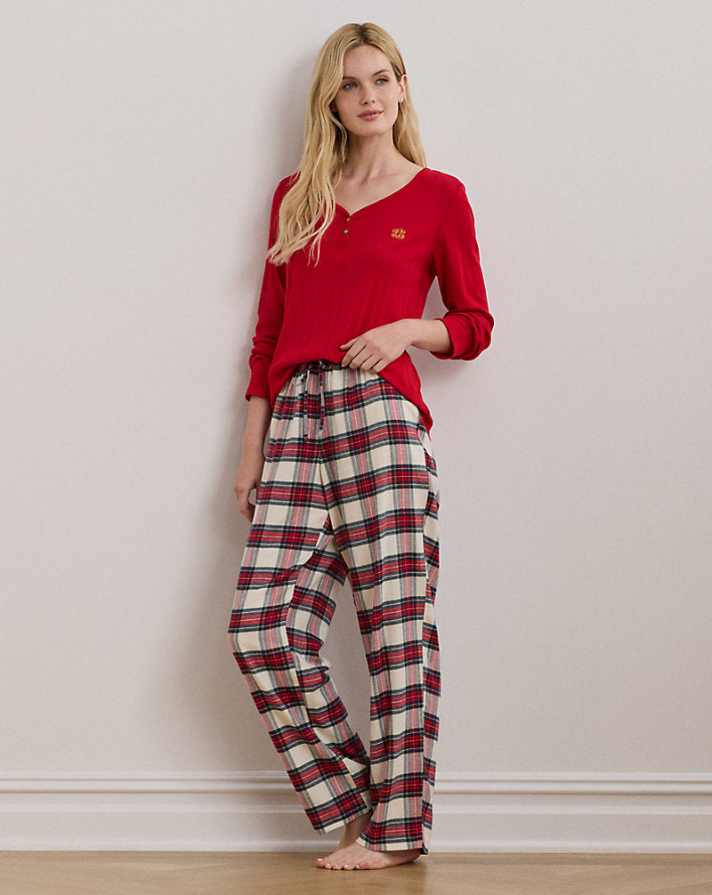 Plaid Cotton-Blend Henley Pyjama Set Cream Plaid
