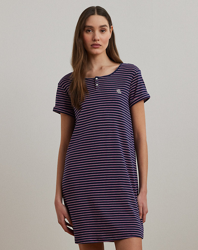 Striped Rib-Knit Henley Sleep Tee Navy Stripe