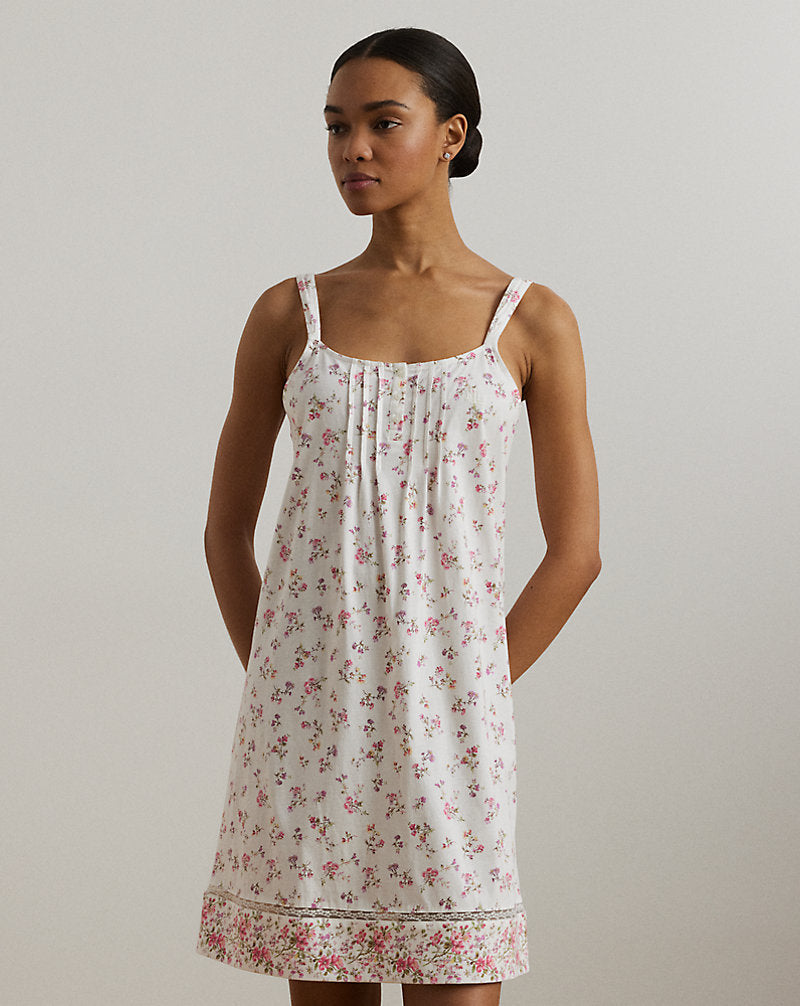 Floral Lace-Trim Jersey Nightgown Ivory Floral