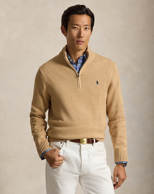 Cotton Quarter-Zip Jumper Camel Melange