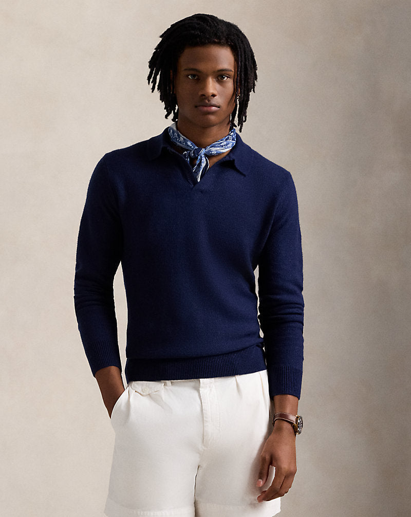 Linen-Cashmere Johnny-Collar Jumper Navy Combo