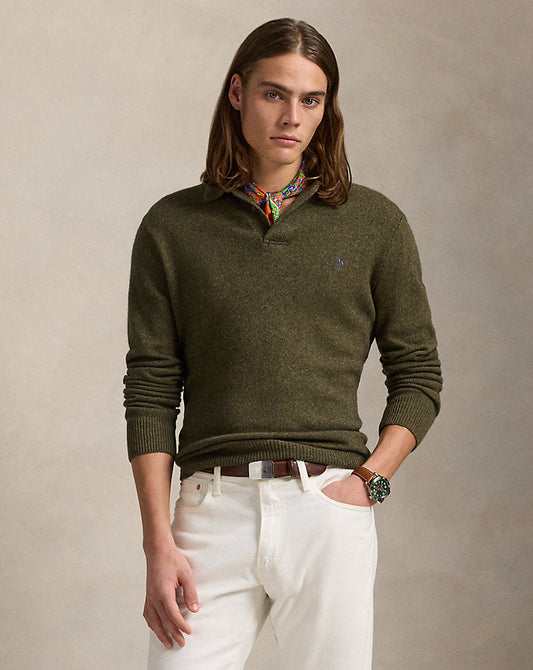 Wool-Cotton Polo Collar Jumper Cargo Olive Hthr