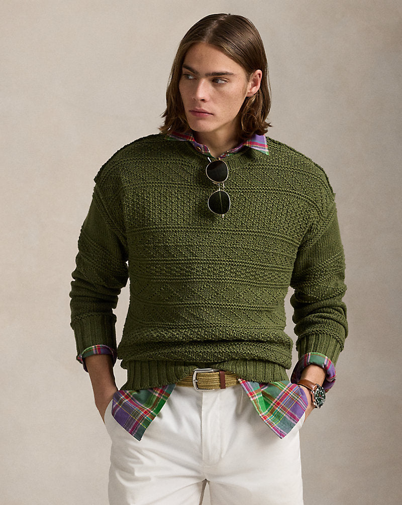 Textured Linen-Cotton Jumper Olive Combo