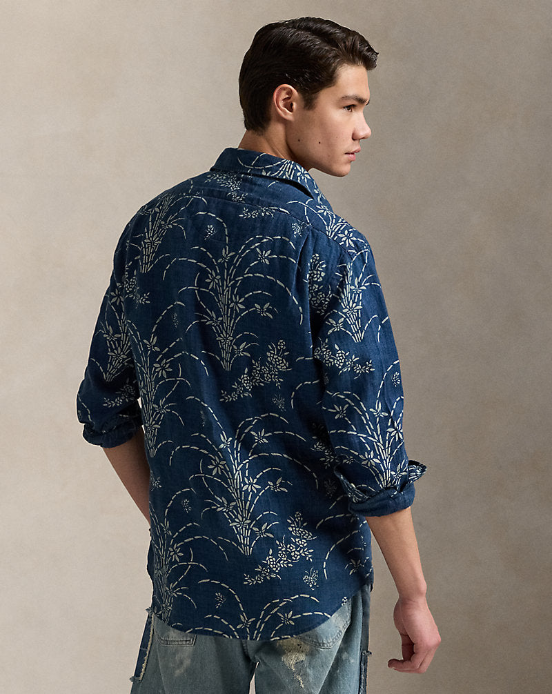 Classic Fit Indigo Floral Linen Shirt Spring Flower