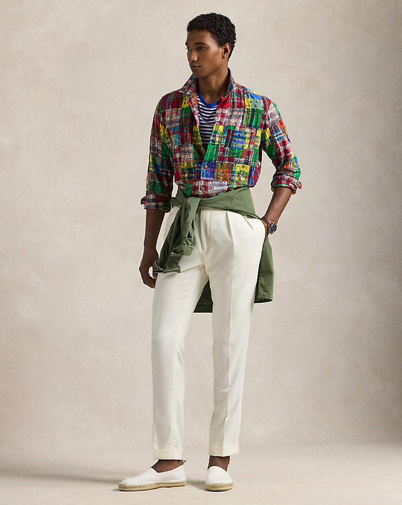 Classic Fit Patchwork Madras Camp Shirt Block Print Patchwor