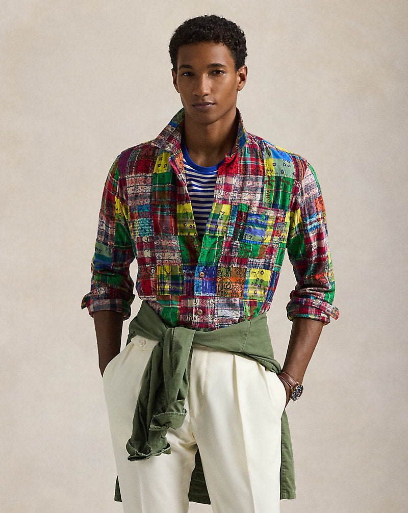 Classic Fit Patchwork Madras Camp Shirt Block Print Patchwor