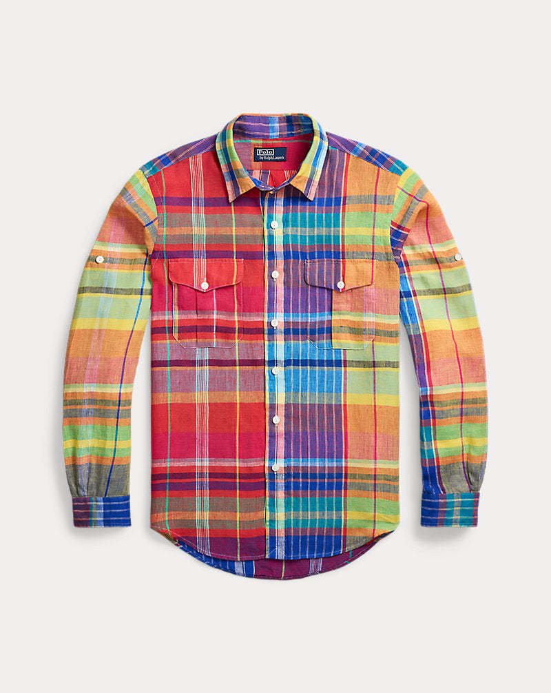 Classic Fit Plaid Linen Workshirt Red/Yellow Multi