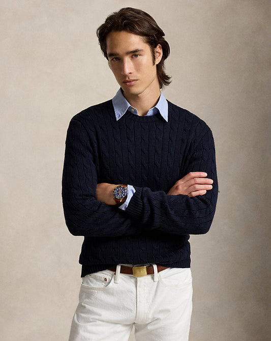 Cable-Knit Cotton Crewneck Jumper Hunter Navy