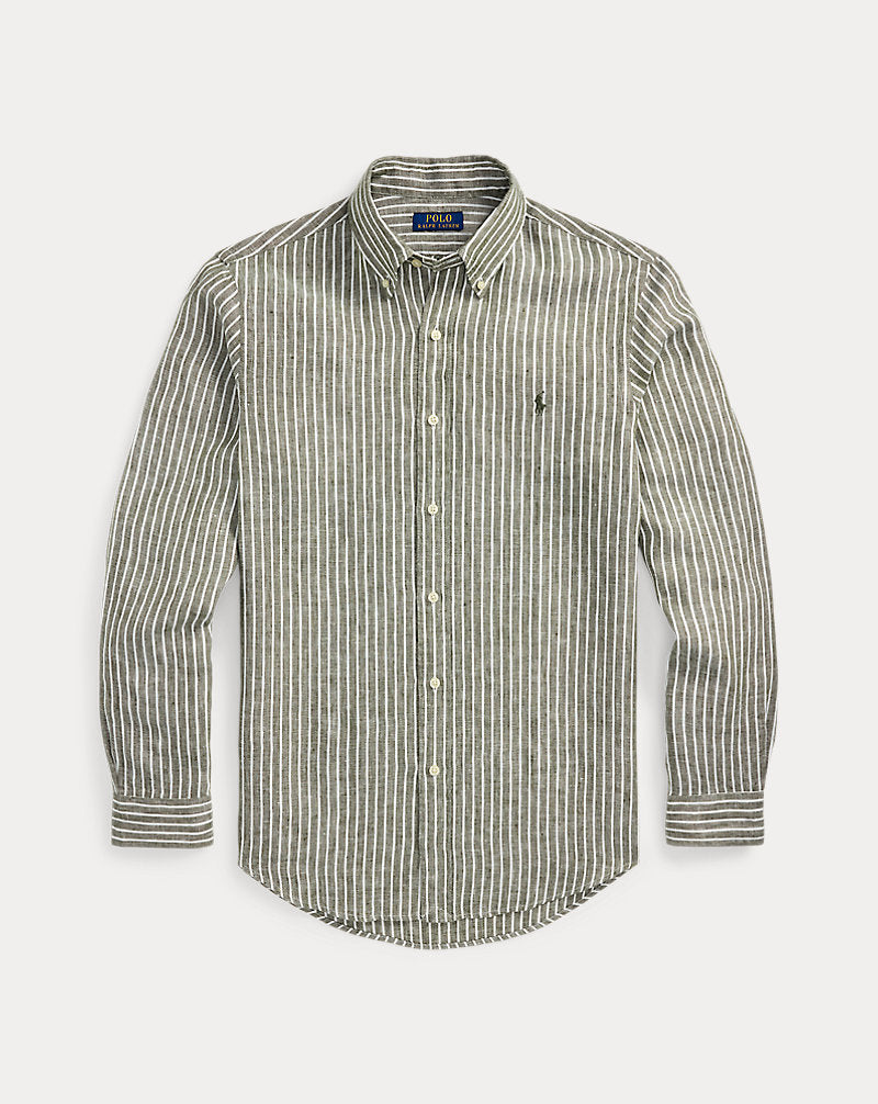 Custom Fit Striped Linen Shirt New Olive White