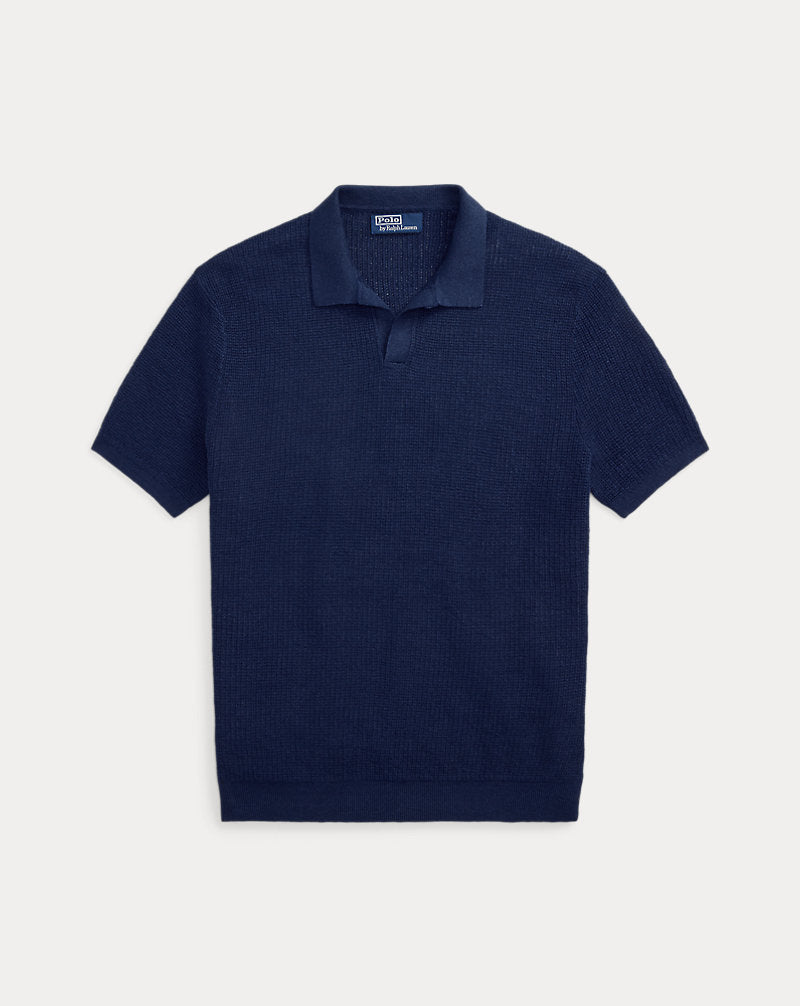 Mesh-Knit Linen Short-Sleeve Jumper Blue