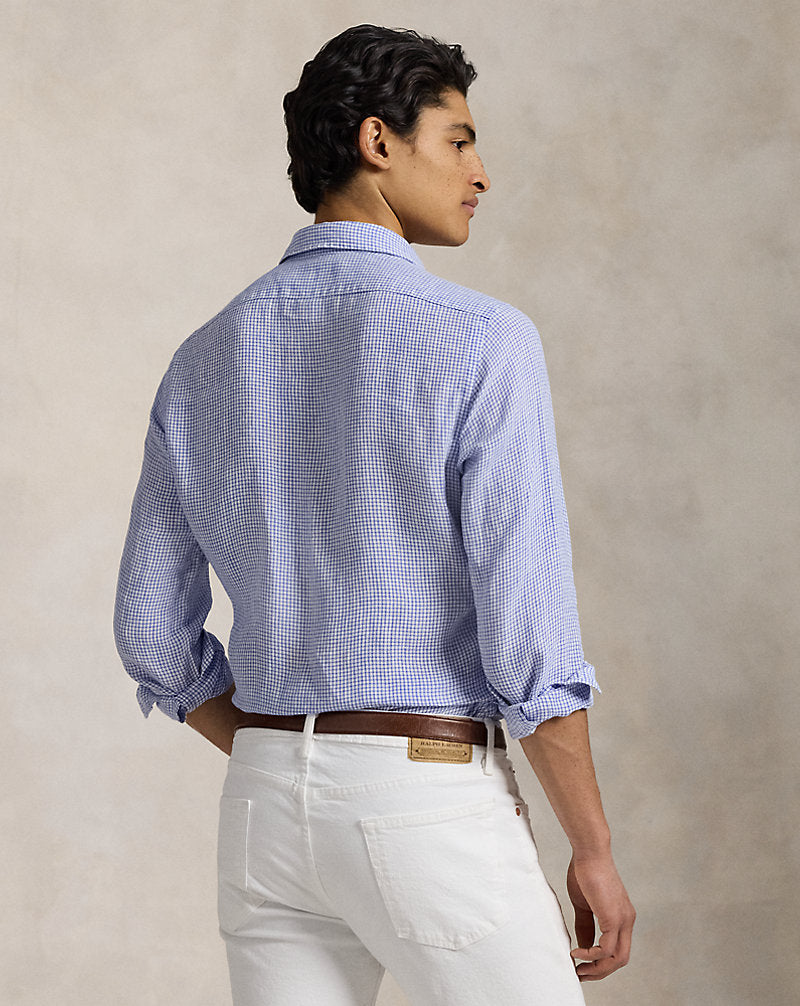 Classic Fit Checked Linen Shirt Blue White
