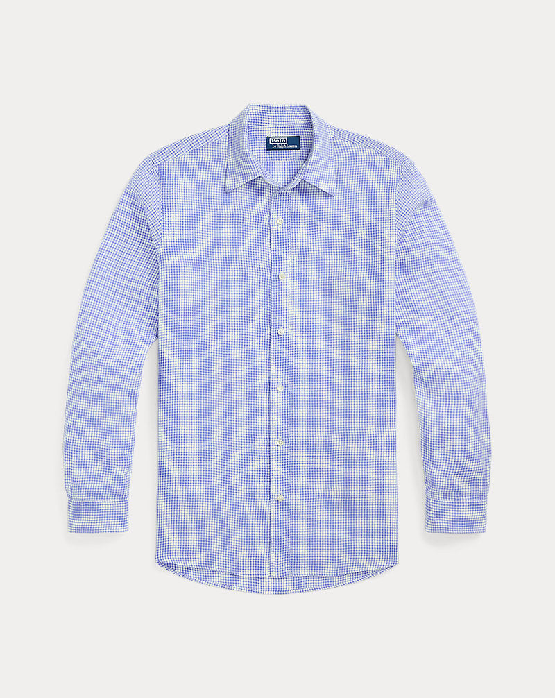 Classic Fit Checked Linen Shirt Blue White
