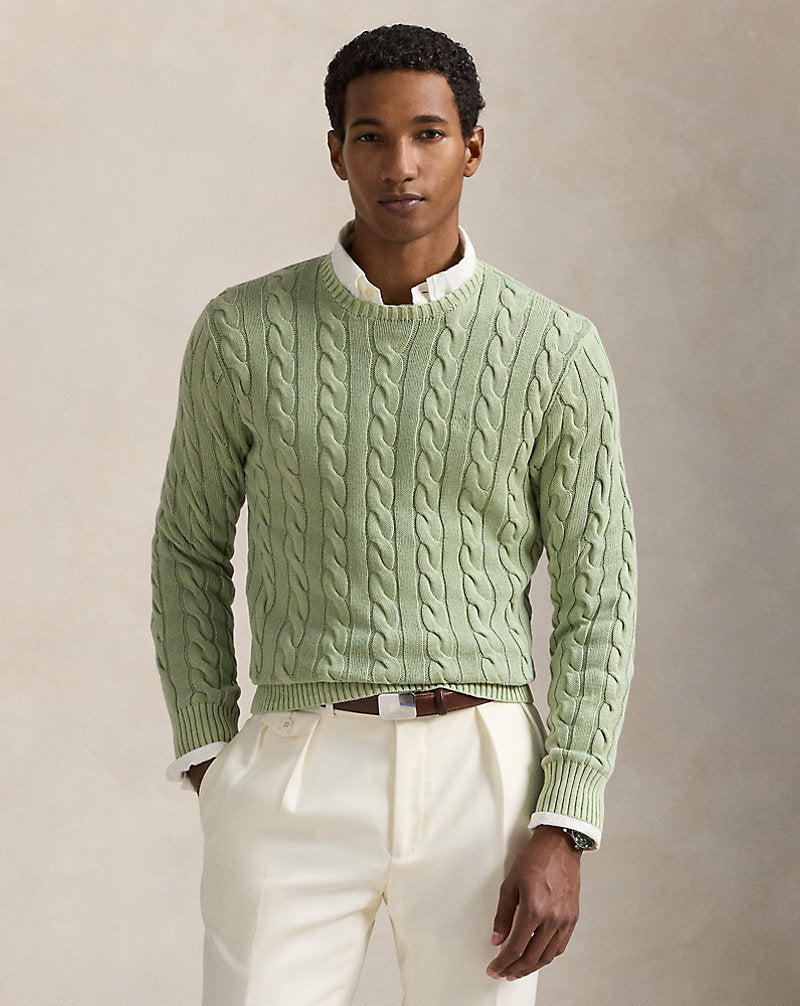 Cable-Knit Mineral-Dyed Cotton Jumper Greenstone