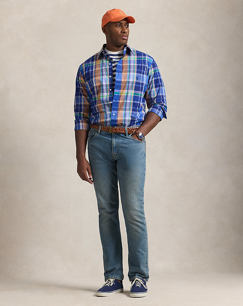 Plaid Stretch Poplin Shirt Blue Orange Multi