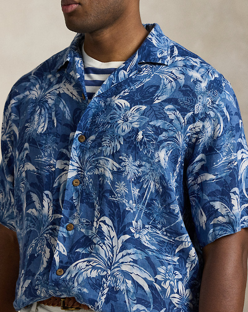 Tropical-Print Linen Camp Shirt Indigo Palm Shadow