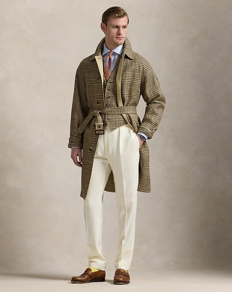 Reversible Tweed-Poplin Topcoat Tan/Brown And Green Deco