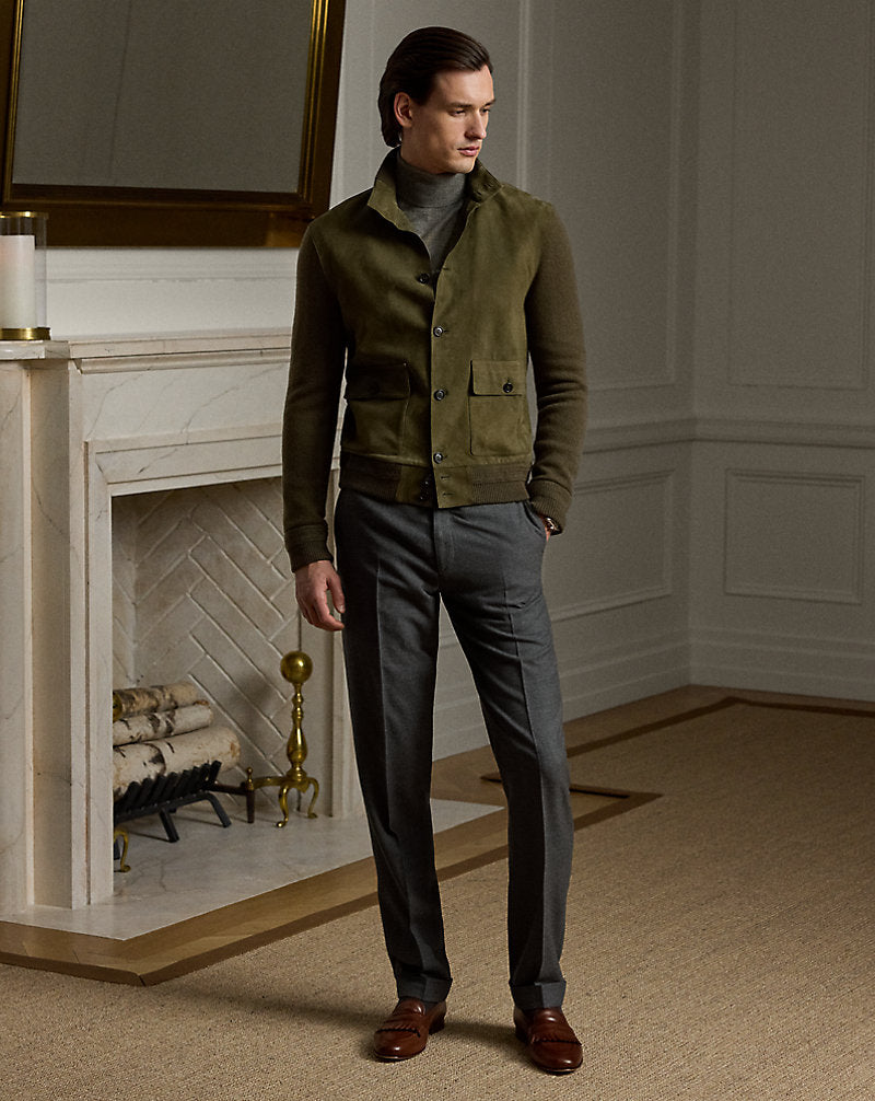 Suede-Front Cashmere Cardigan Thicket Moss Melange