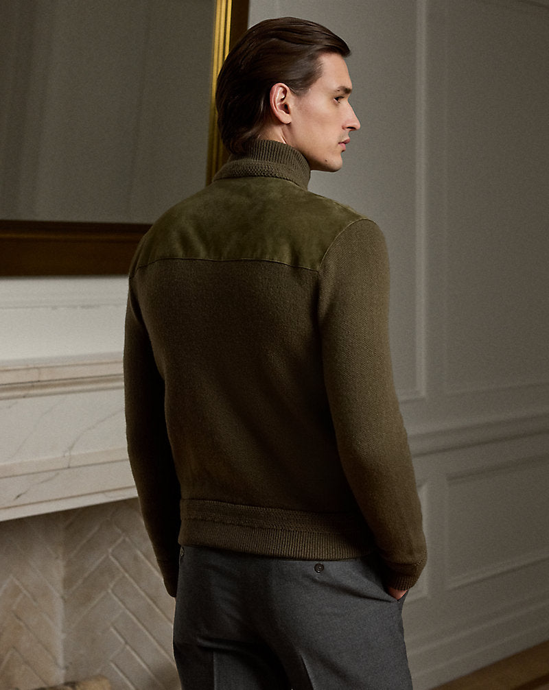 Suede-Front Cashmere Cardigan Thicket Moss Melange