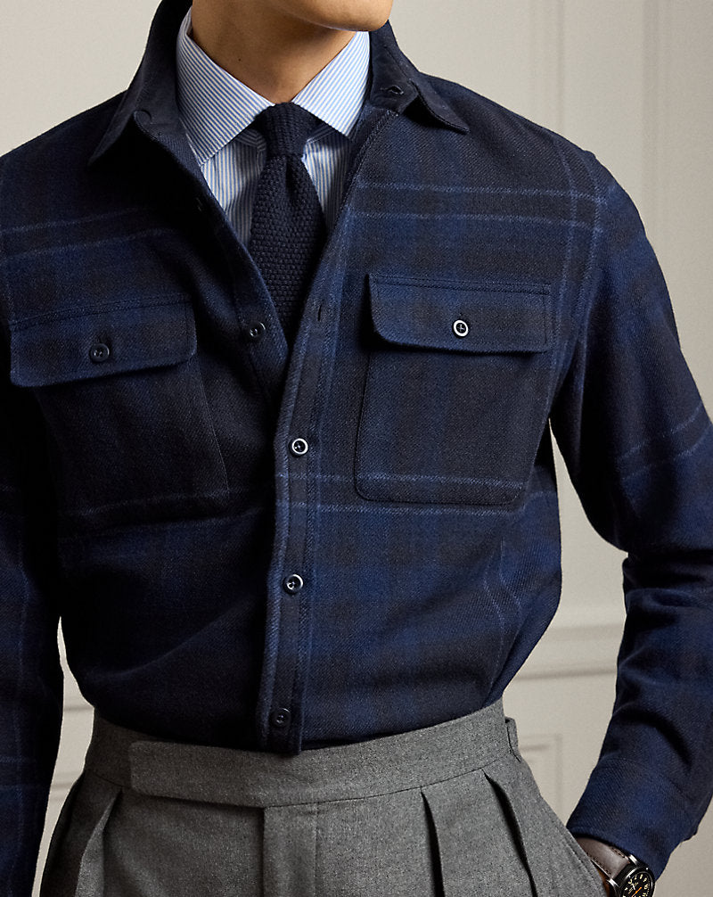 Plaid Wool-Blend Shirt Navy